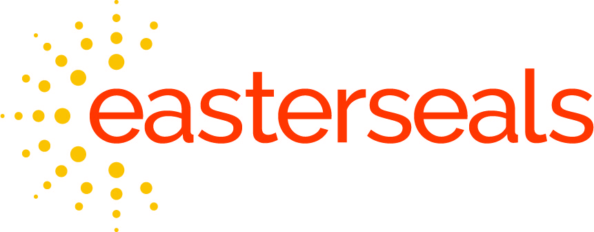 Easterseals logo with the word easterseals in orange lowercase letters and a burst of yellow and orange dots on the left side, featured for the 10% Giveback Night Benefiting HEAL Center for the Arts at Chicken N Pickle.