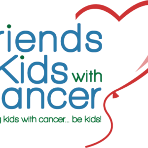 Logo for Friends of Kids with Cancer featuring the organization name in blue and green, a heart-shaped red balloon, and the slogan "Helping kids with cancer... be kids!" in green—highlighting a 10% Giveback Night Benefiting Open Space at Chicken N Pickle.