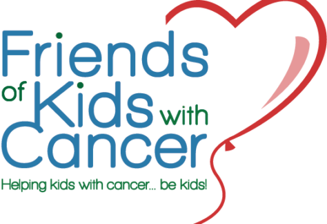 Logo for Friends of Kids with Cancer featuring the organization name in blue and green, a heart-shaped red balloon, and the slogan "Helping kids with cancer... be kids!" in green—highlighting a 10% Giveback Night Benefiting Open Space at Chicken N Pickle.