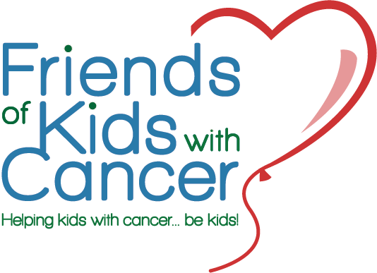 Logo for Friends of Kids with Cancer featuring the organization name in blue and green, a heart-shaped red balloon, and the slogan "Helping kids with cancer... be kids!" in green—highlighting a 10% Giveback Night Benefiting Open Space at Chicken N Pickle.