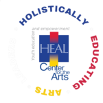 A circular logo for HEAL Center for the Arts with "Holistically Educating Arts Leaders" around the center. The central square reads "Youth education and empowerment" and features the HEAL logo—perfect for a 10% Giveback Night Benefiting Pedal The Cause at Chicken N Pickle.