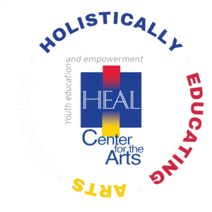 A circular logo for HEAL Center for the Arts with "Holistically Educating Arts Leaders" around the center. The central square reads "Youth education and empowerment" and features the HEAL logo—perfect for a 10% Giveback Night Benefiting Pedal The Cause at Chicken N Pickle.