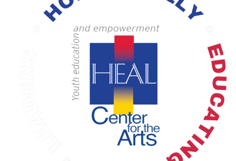 A circular logo for HEAL Center for the Arts with "Holistically Educating Arts Leaders" around the center. The central square reads "Youth education and empowerment" and features the HEAL logo—perfect for a 10% Giveback Night Benefiting Pedal The Cause at Chicken N Pickle.