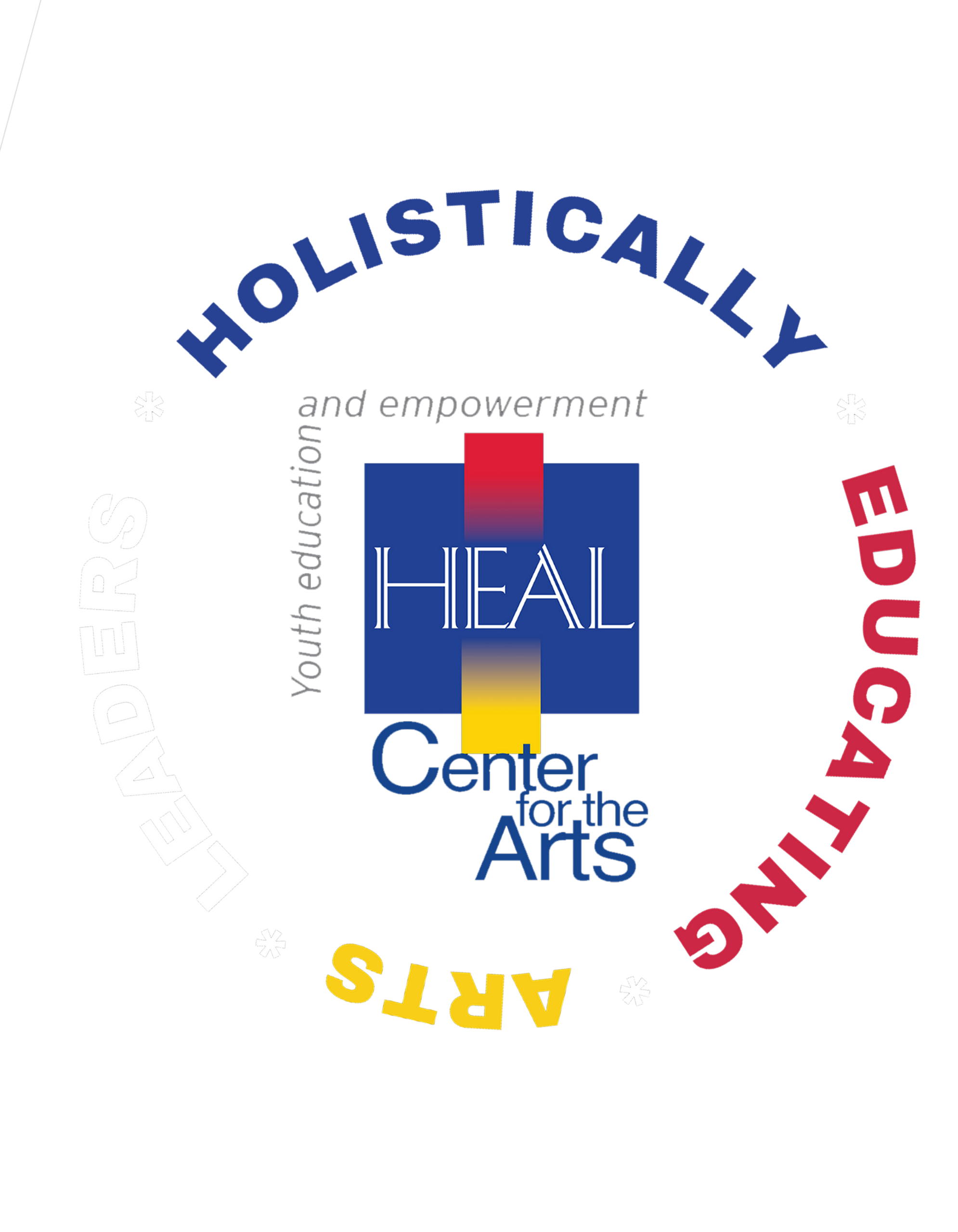 A circular logo for HEAL Center for the Arts with "Holistically Educating Arts Leaders" around the center. The central square reads "Youth education and empowerment" and features the HEAL logo—perfect for a 10% Giveback Night Benefiting Pedal The Cause at Chicken N Pickle.