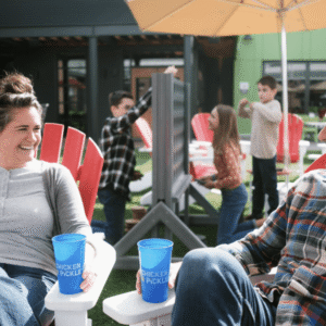 A woman and a man sit smiling on red chairs outdoors, holding blue cups. In the background, children play a large Connect Four game on a grassy area under umbrellas and the sun.