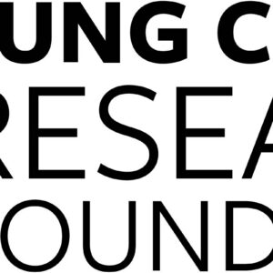 Lung Cancer Research Foundation logo featuring a blue outline of a laboratory flask next to bold black text on a white background, highlighted during the Supporting Kids Foundation Giveback Night at Chicken N Pickle NKC.