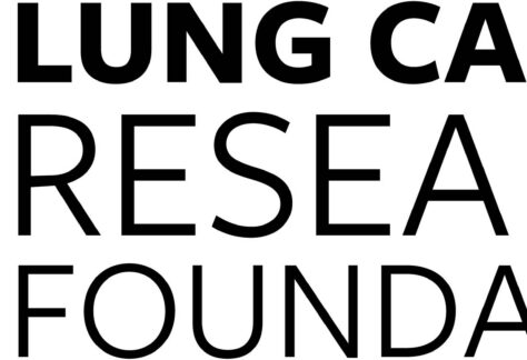Lung Cancer Research Foundation logo featuring a blue outline of a laboratory flask next to bold black text on a white background, highlighted during the Supporting Kids Foundation Giveback Night at Chicken N Pickle NKC.