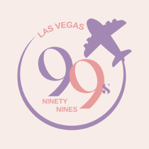 Logo with Las Vegas above a circular design, featuring a purple airplane silhouette and large “99s” text in purple and pink, created for Fathers from the Hood Giveback Night. “Ninety Nines” is written below inside the circle.