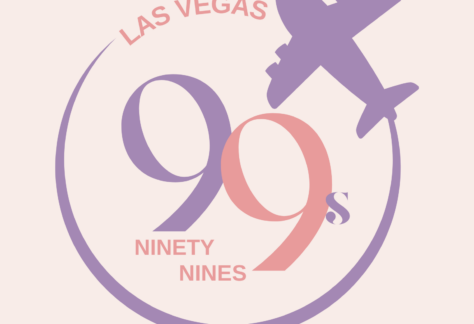 Logo with Las Vegas above a circular design, featuring a purple airplane silhouette and large “99s” text in purple and pink, created for Fathers from the Hood Giveback Night. “Ninety Nines” is written below inside the circle.
