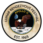 A circular logo for the Lunar Rendezvous Festival features “Est. 1965,” an eagle landing on the Moon, Earth in the sky, and “Apollo 11,” celebrating a 10% Giveback to Clear Creek Education at Chicken N Pickle Webster.