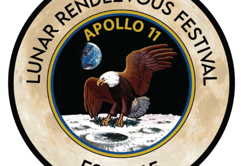 A circular logo for the Lunar Rendezvous Festival features “Est. 1965,” an eagle landing on the Moon, Earth in the sky, and “Apollo 11,” celebrating a 10% Giveback to Clear Creek Education at Chicken N Pickle Webster.