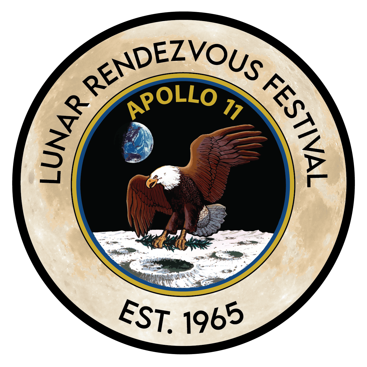 A circular logo for the Lunar Rendezvous Festival features “Est. 1965,” an eagle landing on the Moon, Earth in the sky, and “Apollo 11,” celebrating a 10% Giveback to Clear Creek Education at Chicken N Pickle Webster.