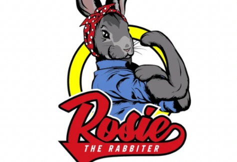 A gray bunny in a red polka-dot headband and blue shirt flexes its arm like Rosie the Riveter. Bold red text reads "Rosie the Rabbiter," with "Rosie’s Snuggle Bunnies Pet Therapy" below. 10% Giveback to Asbury Church at Chicken N Pickle.