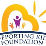 Logo for Supporting Kids Foundation featuring three stylized human figures inside a yellow heart shape, with sun rays and a blue arc beneath the heart. “Supporting Kids Foundation” appears below, promoting Equal Start Giveback Night at Chicken N Pickle NKC.