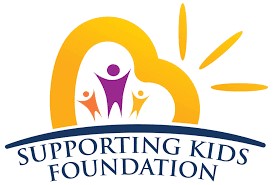 Logo for Supporting Kids Foundation featuring three stylized human figures inside a yellow heart shape, with sun rays and a blue arc beneath the heart. “Supporting Kids Foundation” appears below, promoting Equal Start Giveback Night at Chicken N Pickle NKC.