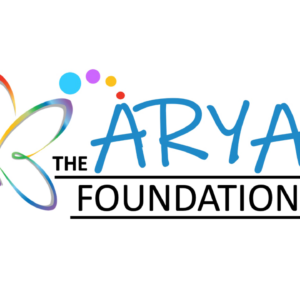 Logo for The Arya Foundation featuring “ARYA” in blue handwritten style, “THE” and “FOUNDATION” in black, and a colorful abstract butterfly above the text. Designed for the 10% Giveback Night Benefiting Pride St. Charles at Chicken N Pickle. White background.