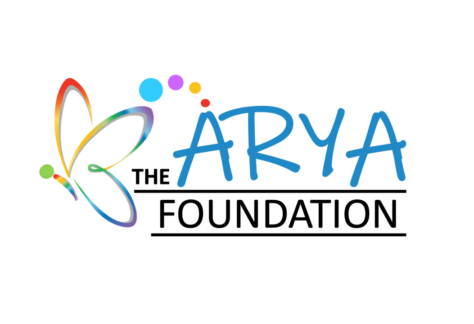 Logo for The Arya Foundation featuring “ARYA” in blue handwritten style, “THE” and “FOUNDATION” in black, and a colorful abstract butterfly above the text. Designed for the 10% Giveback Night Benefiting Pride St. Charles at Chicken N Pickle. White background.