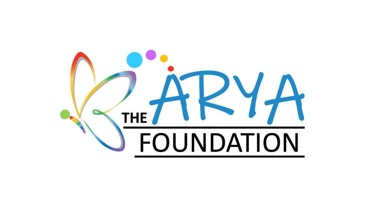 Logo for The Arya Foundation featuring “ARYA” in blue handwritten style, “THE” and “FOUNDATION” in black, and a colorful abstract butterfly above the text. Designed for the 10% Giveback Night Benefiting Pride St. Charles at Chicken N Pickle. White background.