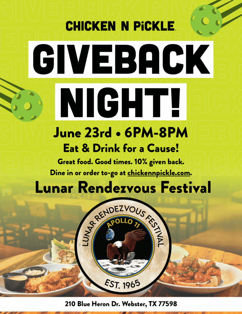 A colorful flyer for 10% Giveback to Lunar Rendezvous Festival at Chicken N Pickle Webster on June 23rd, 6–8 PM—enjoy delicious food while supporting the cause! Address: 210 Blue Heron Dr., Webster, TX.