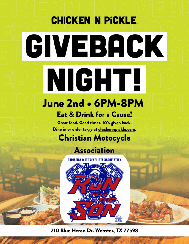 Flyer for Chicken N Pickle Webster's Giveback Night—June 2nd, 6-8PM! Enjoy food, fun, and community as 10% Giveback to Christian Motorcycle Association supports a great cause. Includes event details, logo, and tempting food images. Location: 210 Blue Heron Dr., Webster, TX.
