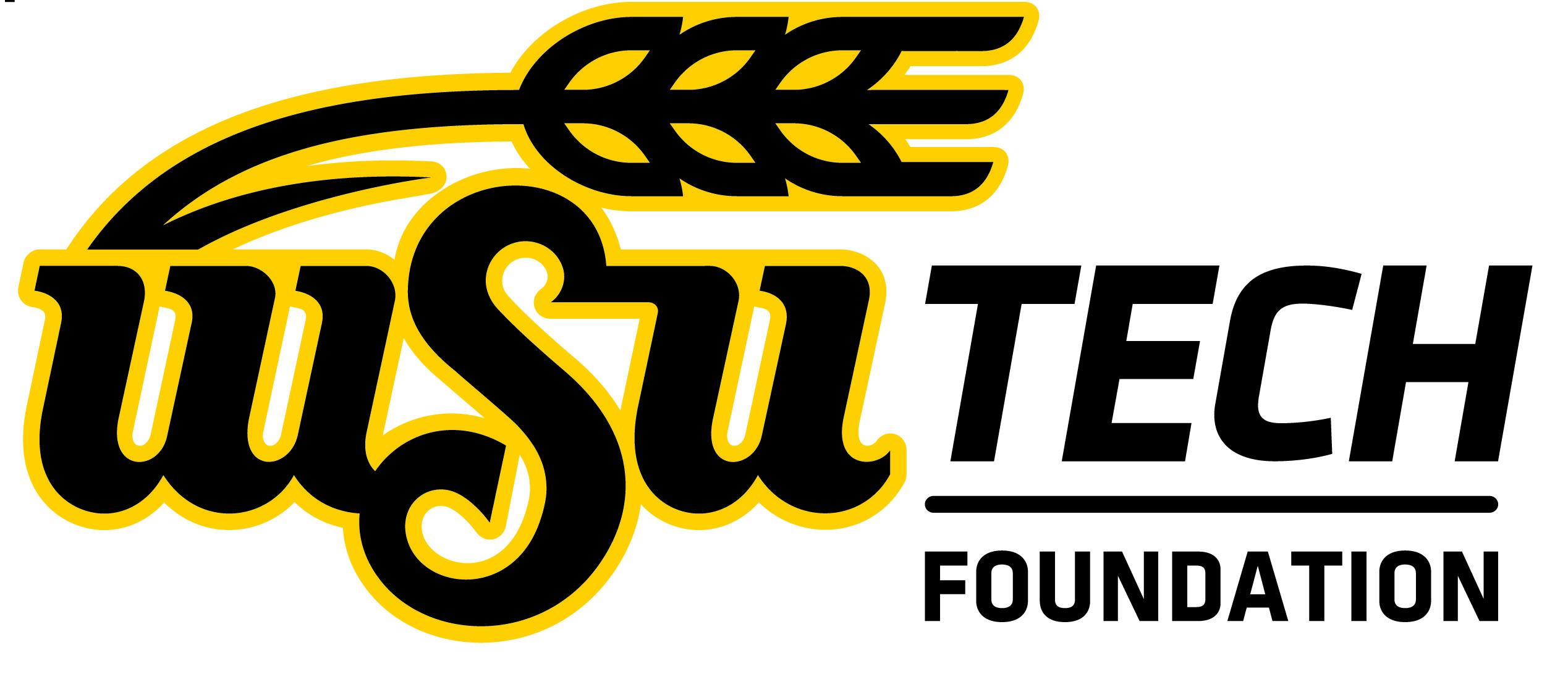 WSU Tech Foundation logo featuring stylized WSU text with a yellow wheat graphic above, followed by TECH in bold black letters and FOUNDATION below in smaller black text—symbolizing our Giveback Benefiting Vets for Youth initiatives.