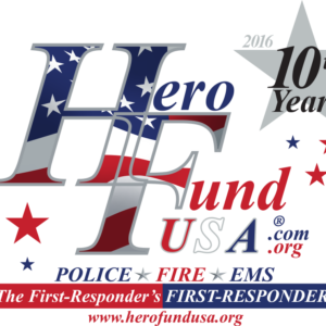 Logo for Hero Fund USA's 10th anniversary, featuring stars and stripes, red and blue stars, and a banner for police, fire, and EMS. Includes mention of Lung Cancer Research Foundation Giveback Night at Chicken N Pickle NKC. www.herofundusa.org.