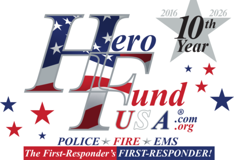Logo for Hero Fund USA's 10th anniversary, featuring stars and stripes, red and blue stars, and a banner for police, fire, and EMS. Includes mention of Lung Cancer Research Foundation Giveback Night at Chicken N Pickle NKC. www.herofundusa.org.