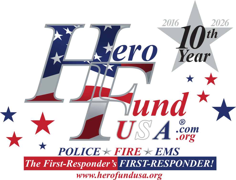 Logo for Hero Fund USA's 10th anniversary, featuring stars and stripes, red and blue stars, and a banner for police, fire, and EMS. Includes mention of Lung Cancer Research Foundation Giveback Night at Chicken N Pickle NKC. www.herofundusa.org.