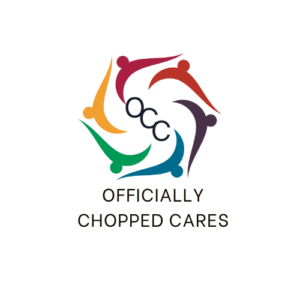 Five abstract, colorful human figures form a circular pattern around the letters OCC. Below, the text reads OFFICIALLY CHOPPED CARES, highlighting community events like Doggy Days at CNP Overland Park on a white background.