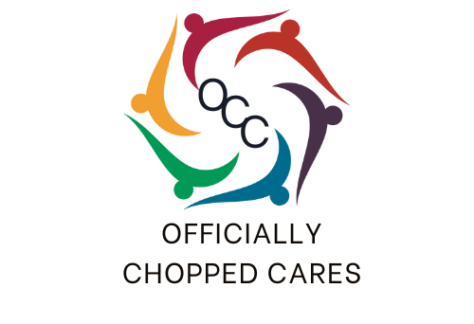 Five abstract, colorful human figures form a circular pattern around the letters OCC. Below, the text reads OFFICIALLY CHOPPED CARES, highlighting community events like Doggy Days at CNP Overland Park on a white background.