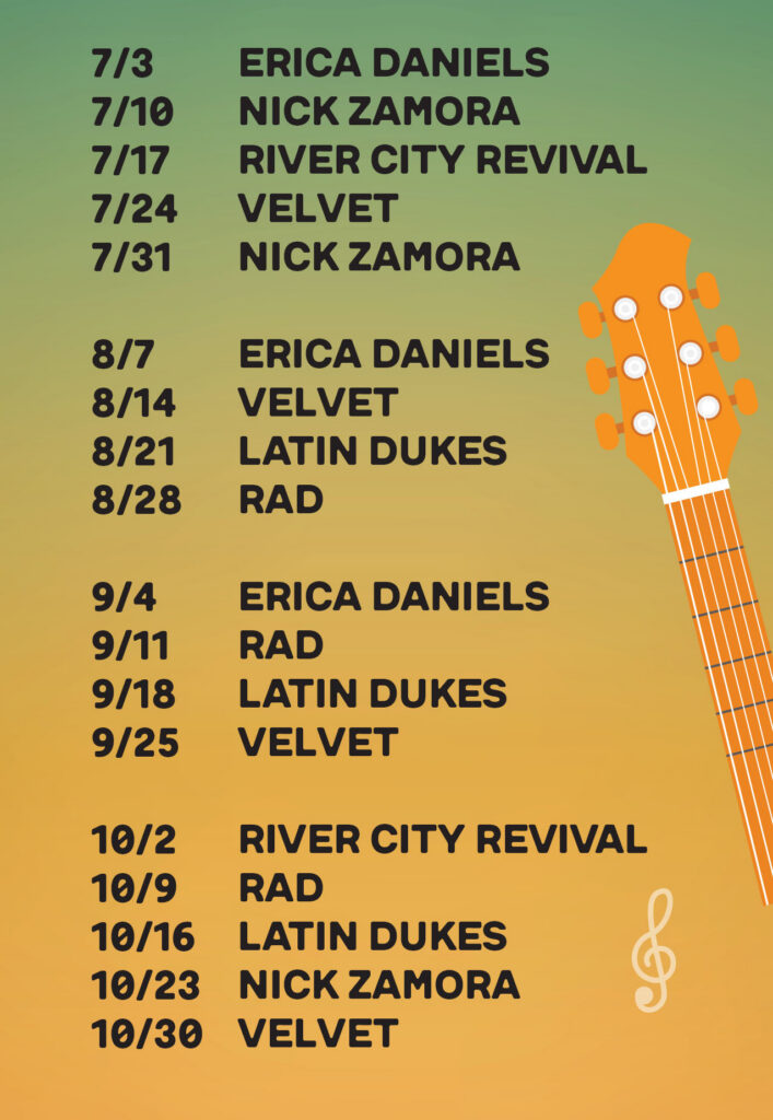 Concert schedule with band names and dates listed from July to October, displayed on a green to orange gradient background with a guitar illustration on the right side.