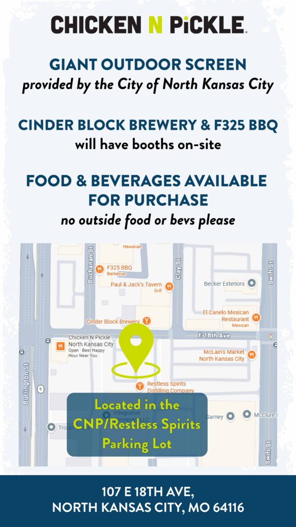 Event flyer for 10% Giveback Night at Chicken N Pickle NKC in North Kansas City, featuring a map, giant outdoor screen, food and beverages for sale, all happening in the CNP/Restless Spirits parking lot at 107 E 18th Ave, MO 64116.