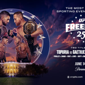 Promotional poster for UFC Freedom 250 featuring fighters face-to-face with championship belts, a dramatic sunset sky, the White House, event details, and sponsors’ logos. Event date: June 14, Sunday.