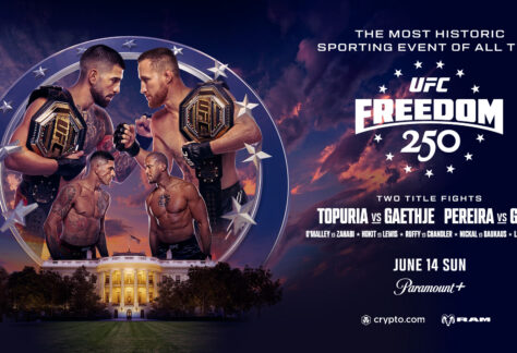 Promotional poster for UFC Freedom 250 featuring fighters face-to-face with championship belts, a dramatic sunset sky, the White House, event details, and sponsors’ logos. Event date: June 14, Sunday.