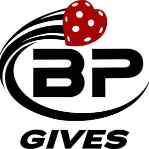 Logo with bold black letters BP encircled by a swoosh, topped with a red heart featuring white dots. Below, the black text reads GIVES. The design suggests a theme of generosity or charity.