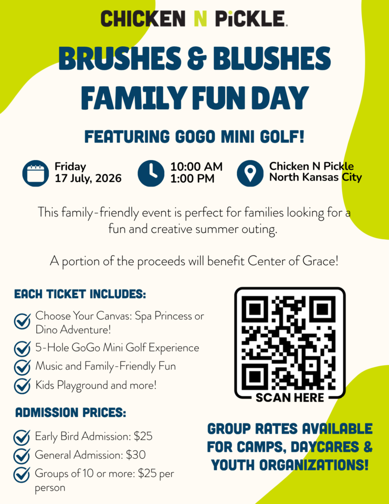 Event flyer for Brushes & Blushes Family Fun Day at Chicken N Pickle North Kansas City, featuring mini golf, crafts, and games on July 17—plus it’s a 10% Giveback Night at Chicken N Pickle NKC! Admission prices and QR code for registration included.