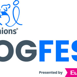 Logo for Canine Companions DOGFEST, presented by Eukanuba. Features a simple blue outline of a person and dog, with bold DOGFEST text and “Eukanuba” in a pink box. Includes 10% Giveback to Orant Charities at Chicken N Pickle.