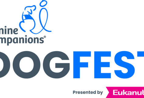 Logo for Canine Companions DOGFEST, presented by Eukanuba. Features a simple blue outline of a person and dog, with bold DOGFEST text and “Eukanuba” in a pink box. Includes 10% Giveback to Orant Charities at Chicken N Pickle.