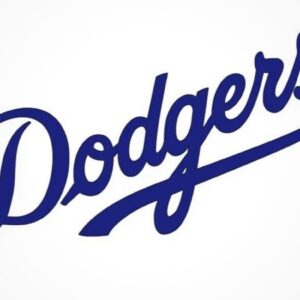 The image shows the word Dodgers written in bold, blue, cursive script on a white background, highlighting a 10% Giveback to Jacob Way Organization.