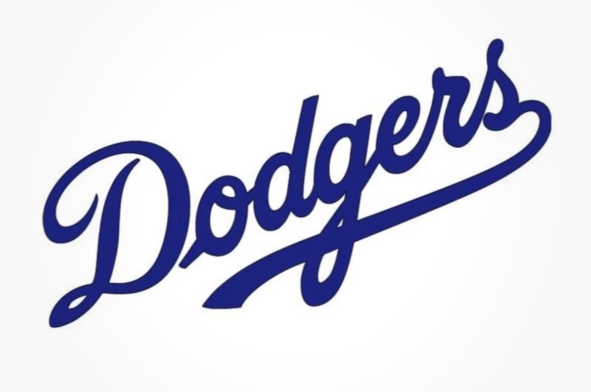 The image shows the word Dodgers written in bold, blue, cursive script on a white background, highlighting a 10% Giveback to Jacob Way Organization.