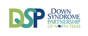 Logo for the Down Syndrome Partnership of North Texas, showing the initials DSP in green and blue, with the organizations full name and a small blue Texas state icon in the text.