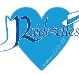 A blue heart with a white cowboy boot on the left, a tilted white cowboy hat on the right, and “Raiderettes” in stylized script across the center. “Sweethearts of L.D. Bell” appears below. 10% Giveback to Dodgers Select Baseball Club included.