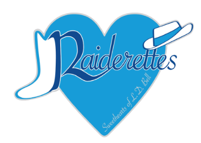 A blue heart with a white cowboy boot on the left, a tilted white cowboy hat on the right, and “Raiderettes” in stylized script across the center. “Sweethearts of L.D. Bell” appears below. 10% Giveback to Dodgers Select Baseball Club included.