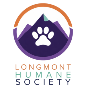 Logo for Longmont Humane Society featuring a stylized mountain with a white paw print in the center, enclosed in a circle. The organization’s name appears below—plus, enjoy a 10% Giveback to Bodhi Battalion Giveback Event at Chicken N Pickle.