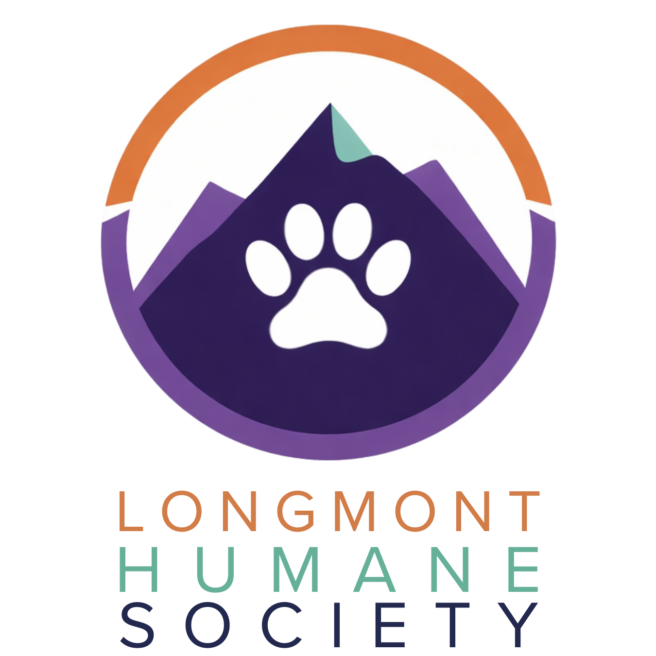 Logo for Longmont Humane Society featuring a stylized mountain with a white paw print in the center, enclosed in a circle. The organization’s name appears below—plus, enjoy a 10% Giveback to Bodhi Battalion Giveback Event at Chicken N Pickle.