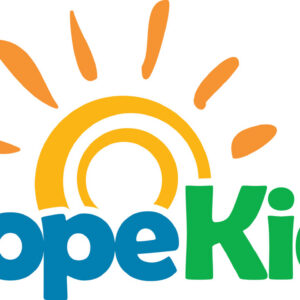 HopeKids logo with Hope in blue and Kids in green. An orange sun with rays rises behind the text, symbolizing positivity—perfect for events like the 10% Giveback Night at Chicken N Pickle NKC.