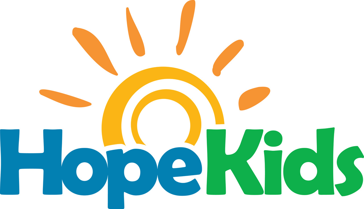 HopeKids logo with Hope in blue and Kids in green. An orange sun with rays rises behind the text, symbolizing positivity—perfect for events like the 10% Giveback Night at Chicken N Pickle NKC.