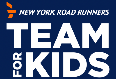 Logo with the text New York Road Runners above bold white words Team for Kids on a dark blue background, featuring an orange graphic element in the top left corner celebrating 500 Projects of Love Giveback Night.