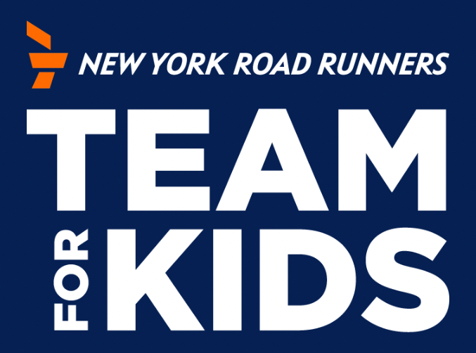Logo with the text New York Road Runners above bold white words Team for Kids on a dark blue background, featuring an orange graphic element in the top left corner celebrating 500 Projects of Love Giveback Night.