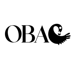 The word OBAC with the letter C stylized as a black bird holding an object in its beak, facing left. The bird’s design is simple and graphic, with a white spot for an eye.